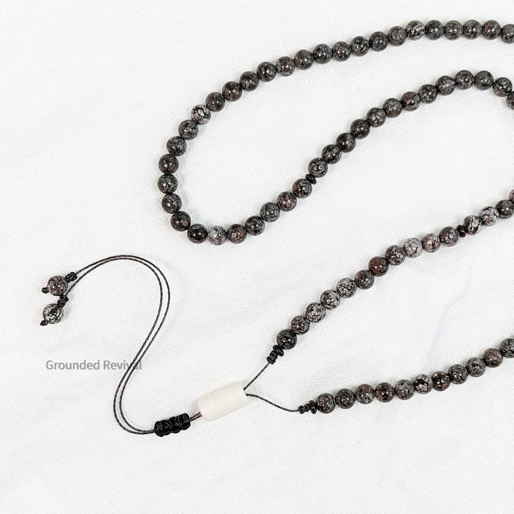 Snowflake Obsidian Tasbih Bracelet | Men's Misbaha Wrap, 99 Beads