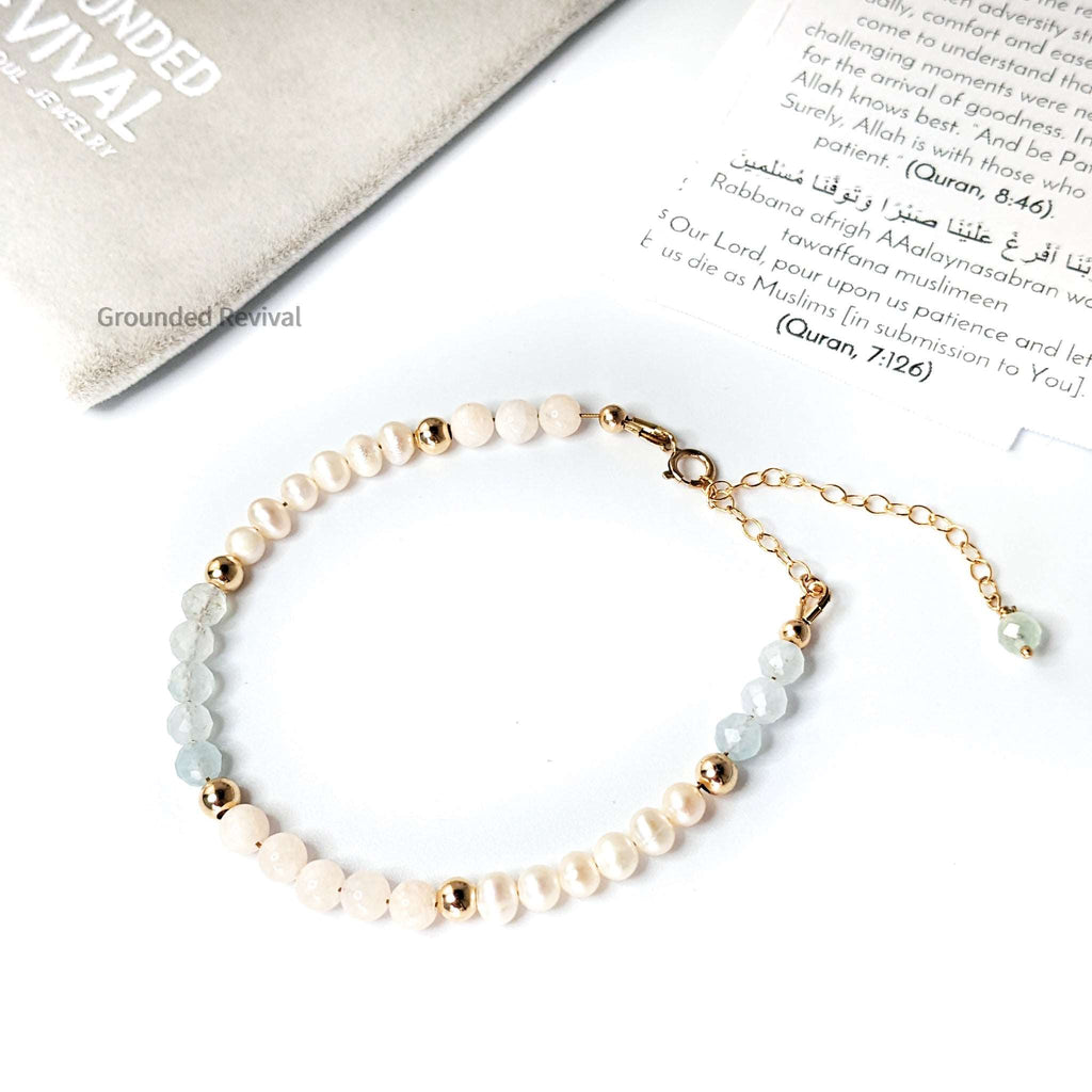 pearl sapphire tasbih bracelet. Misbaha beads with pearl, sapphire, and quartz tasbih beads