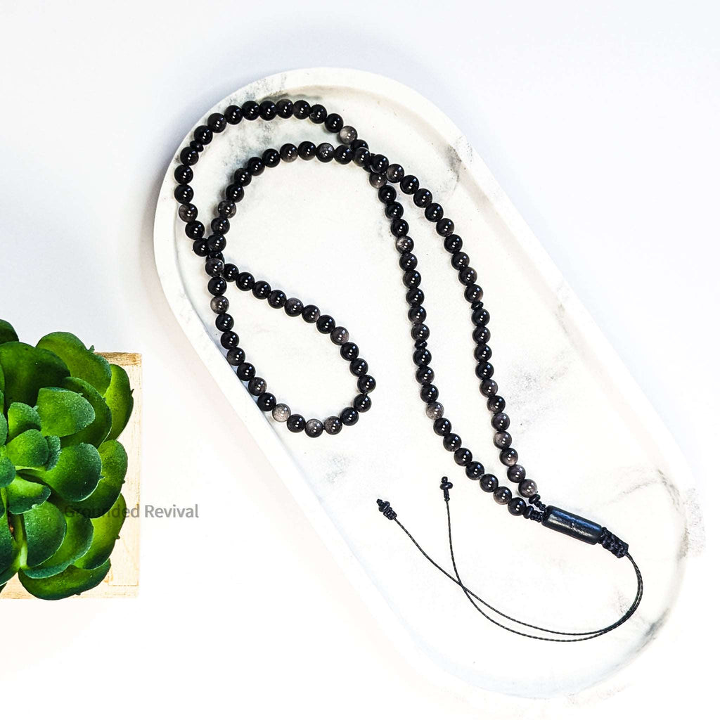 Silver Obsidian Tasbih Bracelet | Men's Misbaha Wrap, 99 Beads