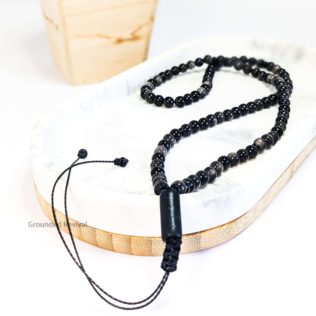 Silver Obsidian Tasbih Bracelet | Men's Misbaha Wrap, 99 Beads