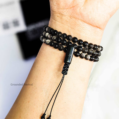 Silver Obsidian Tasbih Bracelet | Men's Misbaha Wrap, 99 Beads