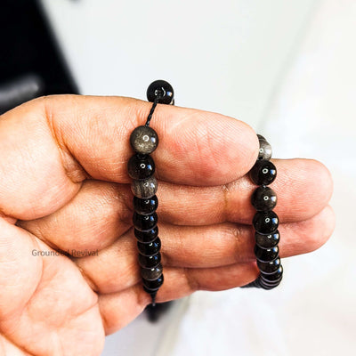 Silver Obsidian Tasbih Bracelet | Men's Misbaha Wrap, 99 Beads
